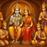 A close-up of Shree Ram Darbar with Shree Ram, Mata Sita, Hanuman Ji and three brothers - Laxman, Bharat, and Shatrughan. They depict Ramayan.