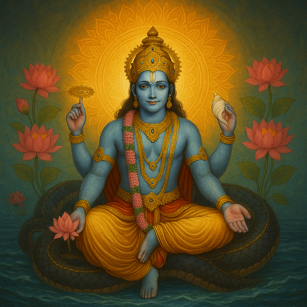 An image of Lord Vishnu for Padma Puran Blog. He is sitting on Shesh Naag, holding the conch, lotus and sudarshan chakra.