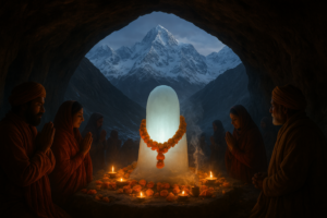 अमरनाथ यात्रा 2026 में पवित्र गुफा में बर्फ का शिवलिंग और तीर्थयात्रियों की भीड़