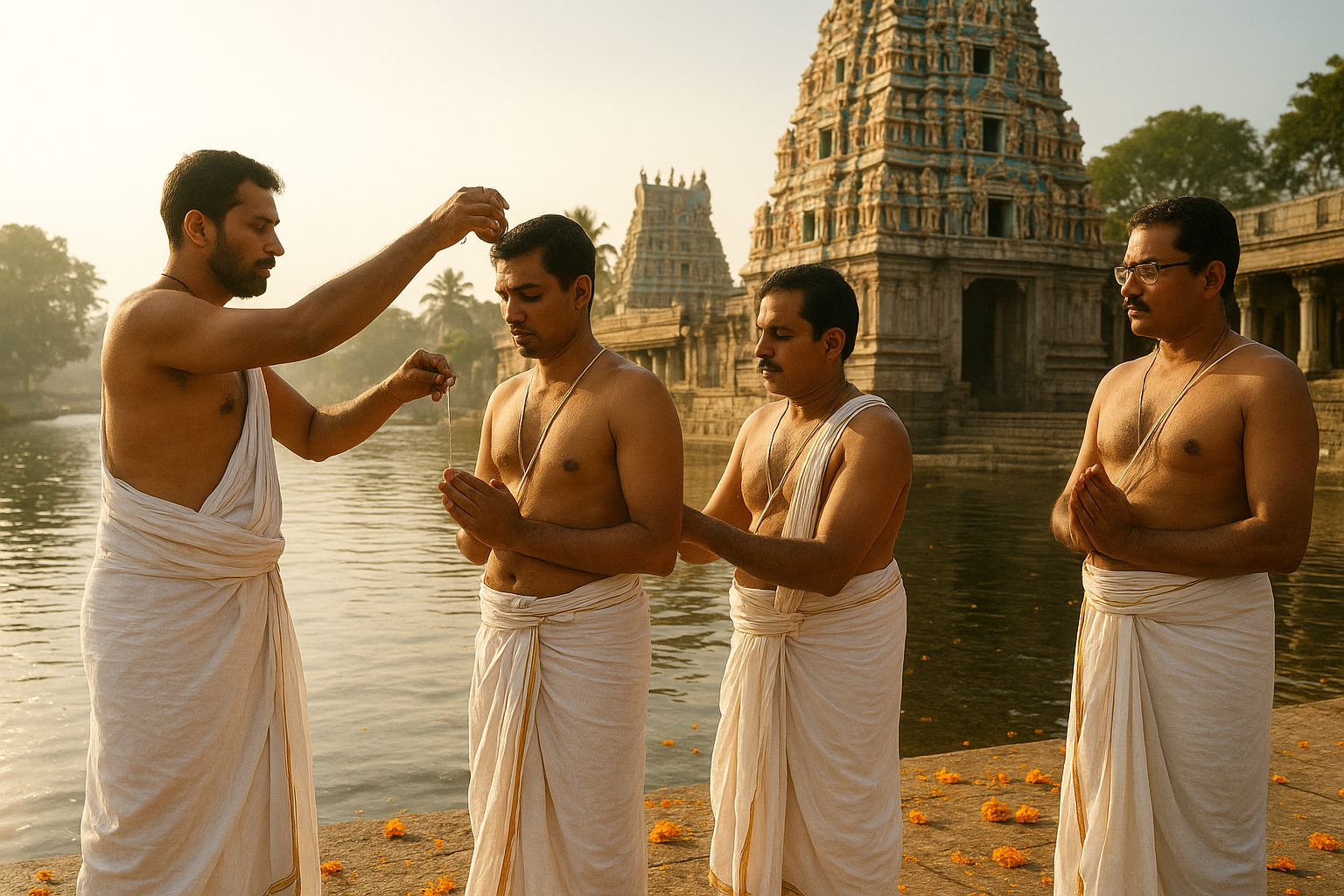 Devotees performing Avani Avittam celebrated in Tamil Nadu with sacred thread ritual