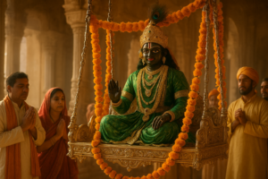बांके बिहारी हरियाली तीज पर सोने और चाँदी के झूले पर बैठे भगवान का श्रृंगार, फूलों की माला और भक्तजन