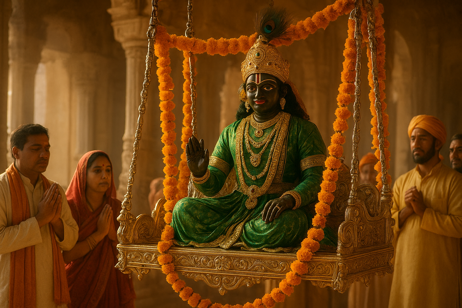 Banke Bihari Hariyali Teej swing made of gold and silver at Vrindavan temple