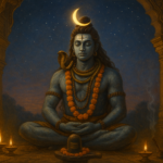 भौम प्रदोष व्रत के समय शिव की पूजा, चाँद की रोशनी, जलती हुई दीपें और फूलों की माला