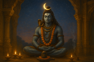 भौम प्रदोष व्रत के समय शिव की पूजा, चाँद की रोशनी, जलती हुई दीपें और फूलों की माला