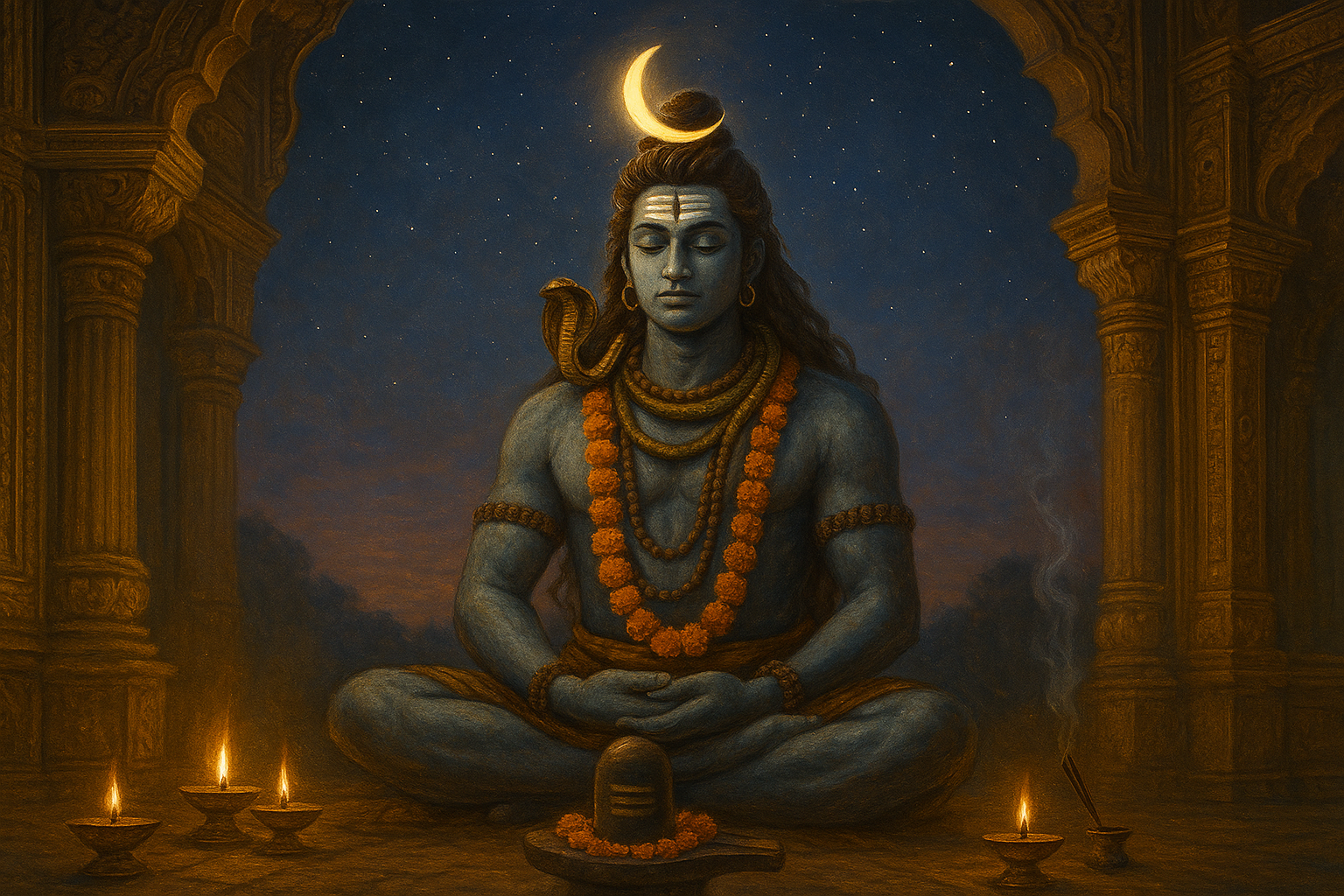 भौम प्रदोष व्रत के समय शिव की पूजा, चाँद की रोशनी, जलती हुई दीपें और फूलों की माला