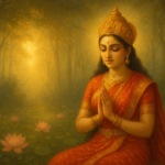 गौरी स्तुति देवी सीता को समर्पित, सीता माता वन में प्रार्थना करती हुई, सोने की दिव्य प्रकाश और कमल पुष्प