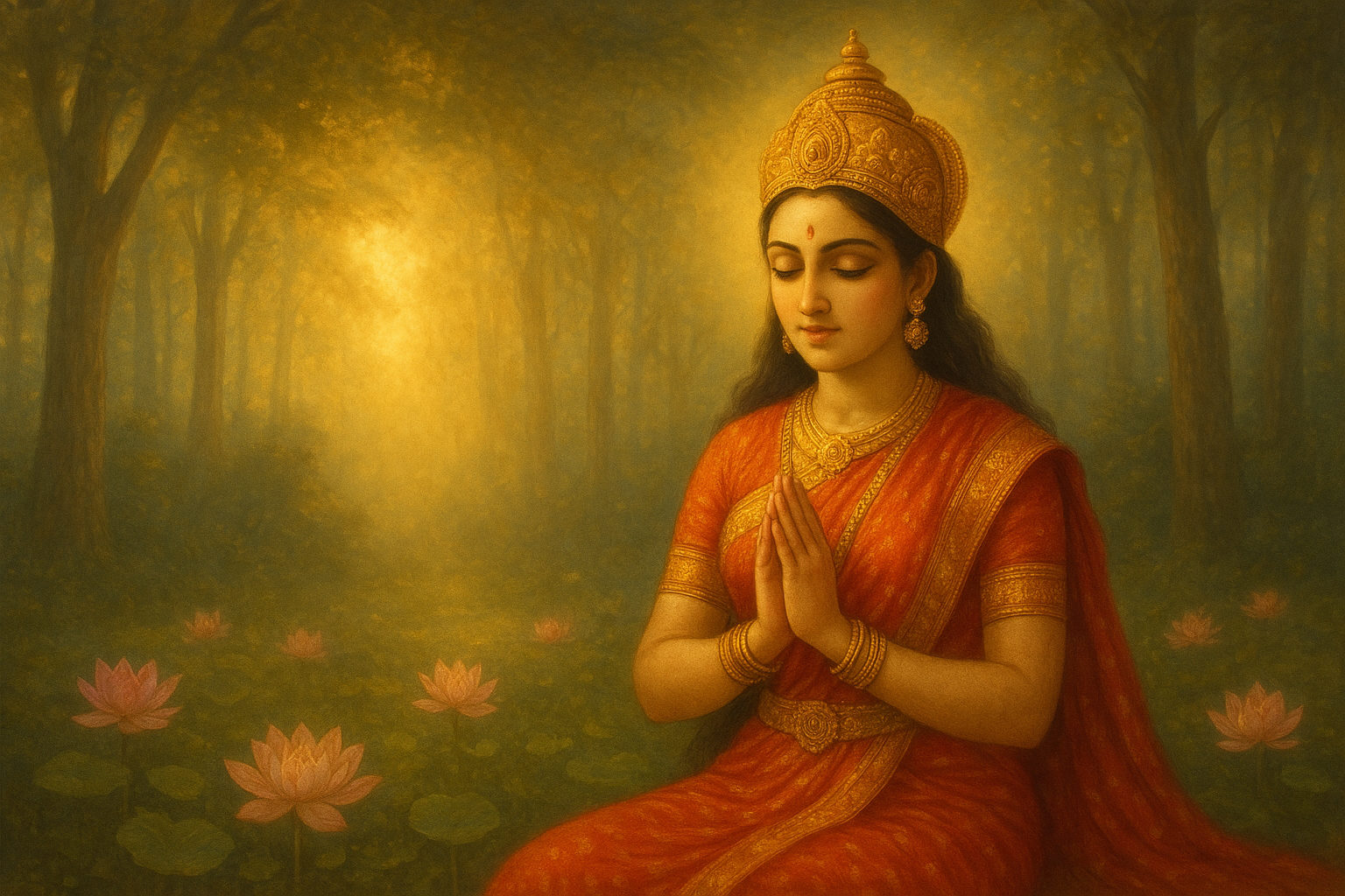 गौरी स्तुति देवी सीता को समर्पित, सीता माता वन में प्रार्थना करती हुई, सोने की दिव्य प्रकाश और कमल पुष्प