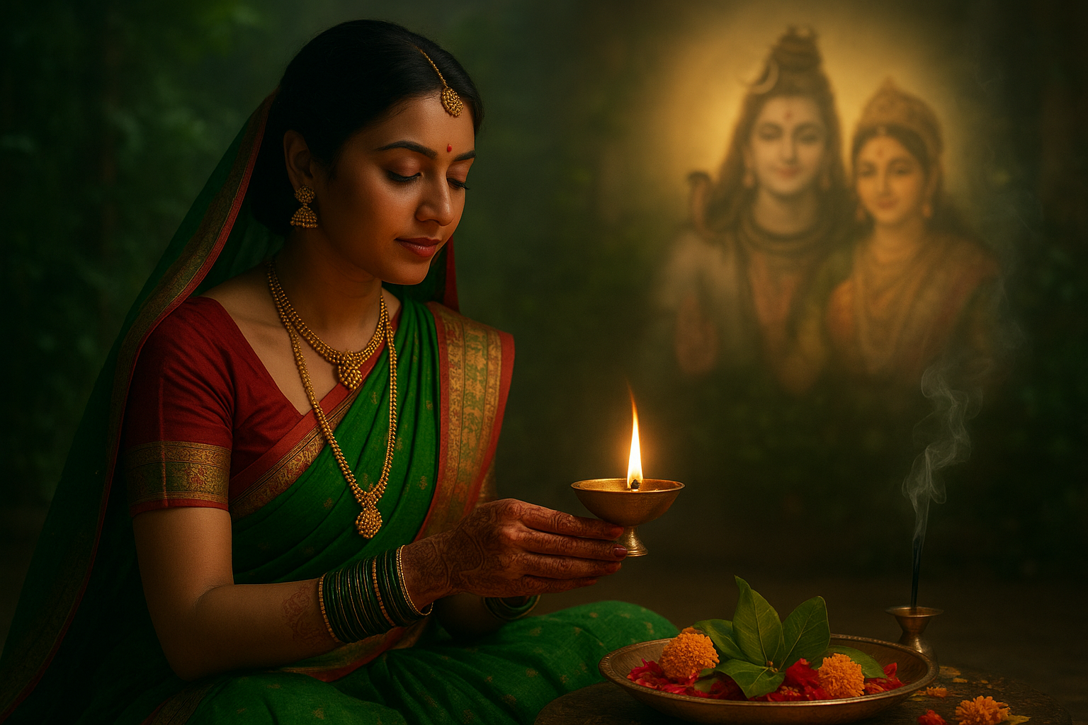 Married women performing Hariyaali Teej 2026 worship ritual with Maa Parvati and Lord Shiva idols