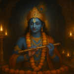 जन्माष्टमी 2026 तारीख समय पर कृष्ण की मूर्ति पीतल के दीपों और फूलों की माला से सजी हुई
