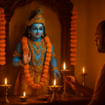 Janmashtami Puja Vidhi setup with idol, flowers, and offerings for Lord Krishna worship