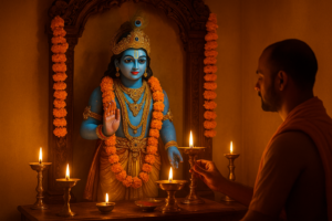 Janmashtami Puja Vidhi setup with idol, flowers, and offerings for Lord Krishna worship