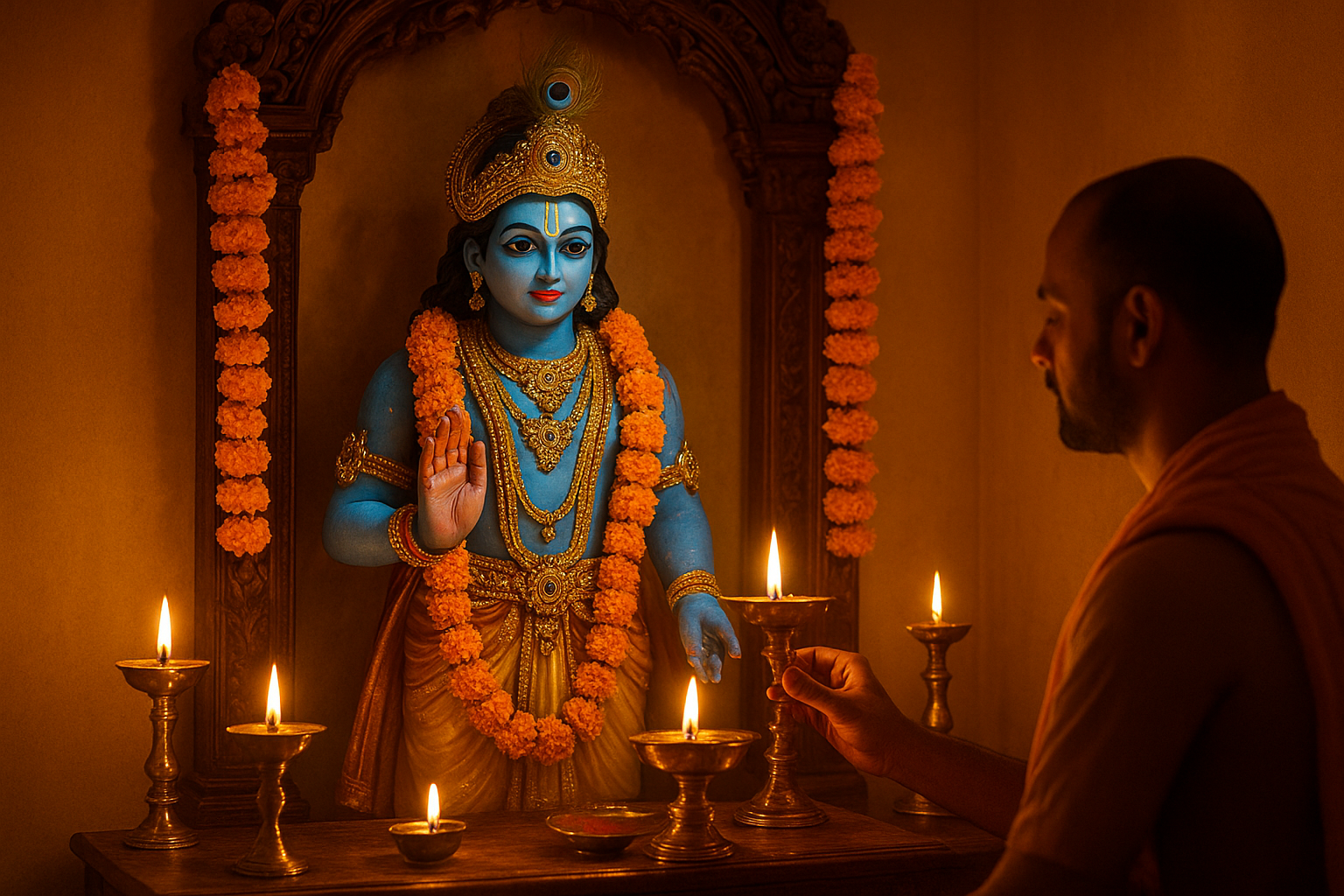 Janmashtami Puja Vidhi setup with idol, flowers, and offerings for Lord Krishna worship