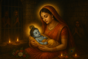 श्री कृष्ण जन्माष्टमी व्रत के समय बालकृष्ण का दिव्य श्रृंगार, दीये और फूलों से सजा पवित्र वेदी