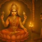 महालक्ष्मी अष्टक का पाठ करते समय देवी महालक्ष्मी कमल पर विराजमान, सोने के आभूषण और घी के दीये