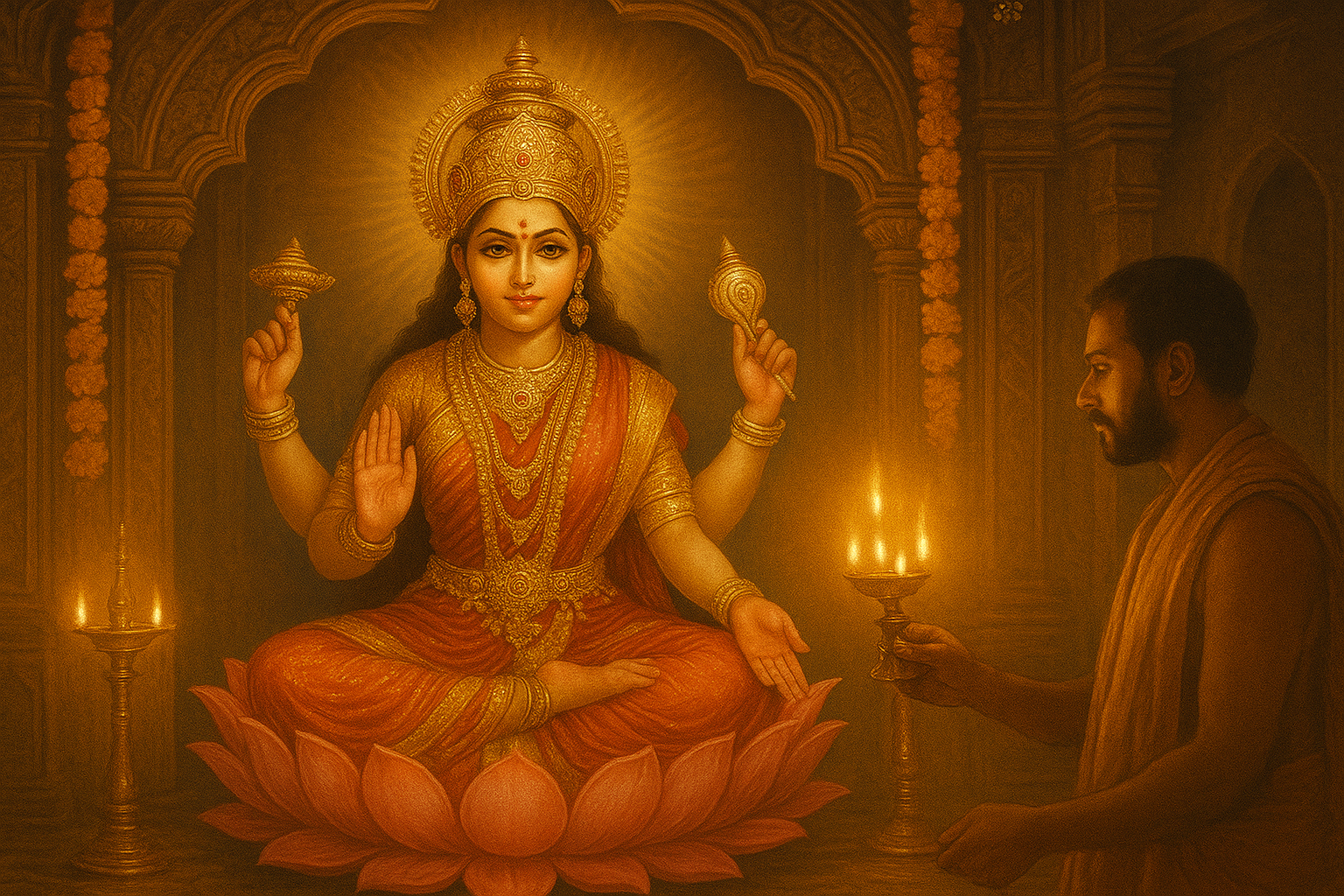 महालक्ष्मी अष्टक का पाठ करते समय देवी महालक्ष्मी कमल पर विराजमान, सोने के आभूषण और घी के दीये