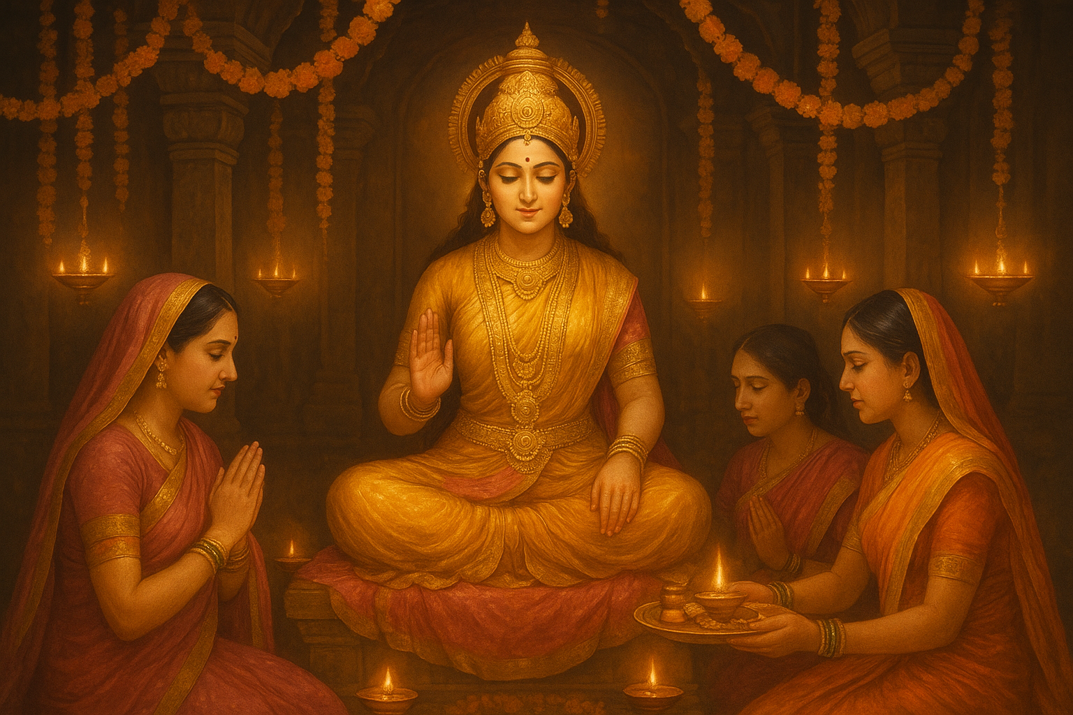 मंगला गौरी व्रत का महत्व दर्शाता हुआ देवी पार्वती का सुंदर मूर्ति, माला और दीये, सुबह की पूजा