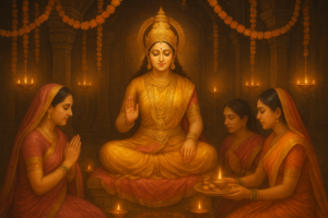 Mangla Gauri Vrat puja ritual with flowers, incense, and offerings to Maa Parvati