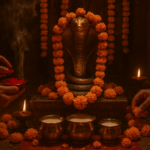 Devotee performing Nag Panchami 2026 worship with milk and flowers for Naag Devta