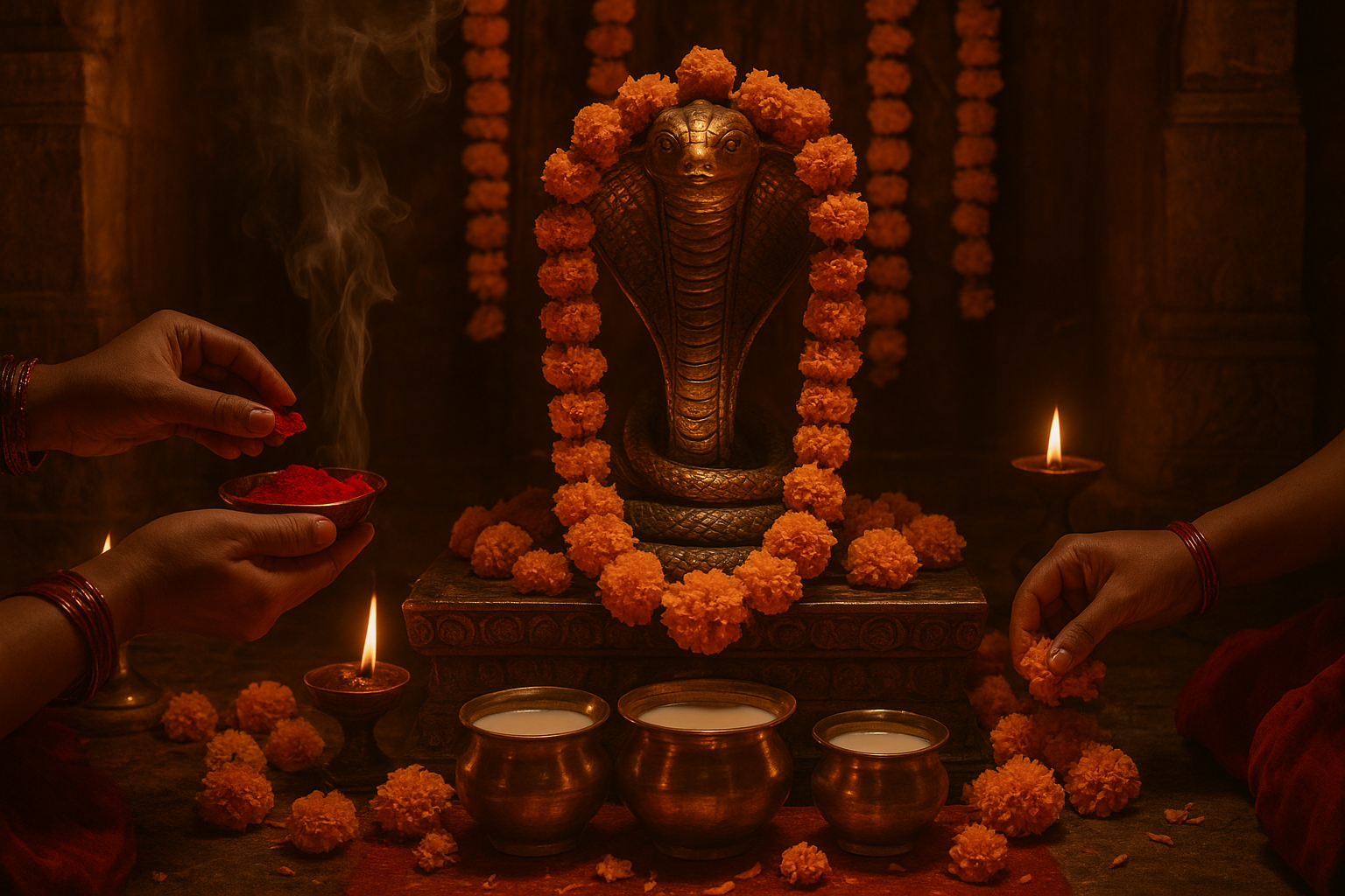 Devotee performing Nag Panchami 2026 worship with milk and flowers for Naag Devta