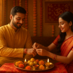 राखी शुभ मुहूर्त 2026 में बहन भाई को राखी बाँधती है, दीये जल रहे हैं और फूलों की सजावट है