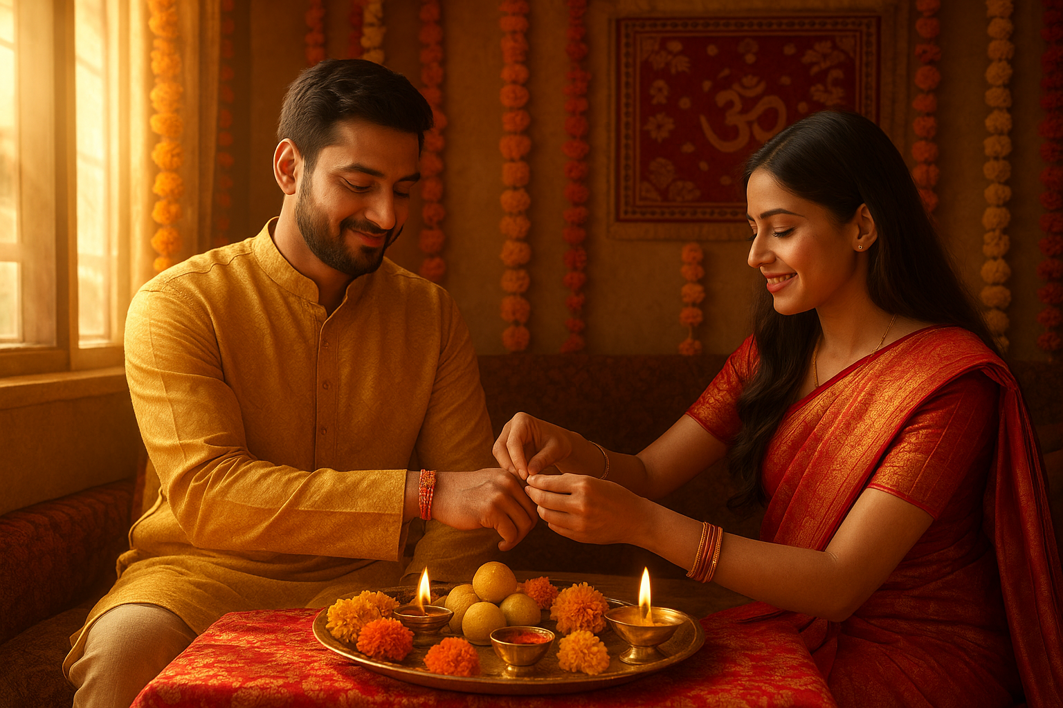 Sister tying rakhi during auspicious Rakhi Shubh Mahurat 2026 on brother's wrist