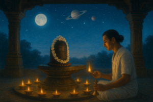 सावन सोमवार ग्रह संरेखण के दौरान मंदिर में शिवलिंग पूजा, जलते दीप और पुष्पों की सुगंध