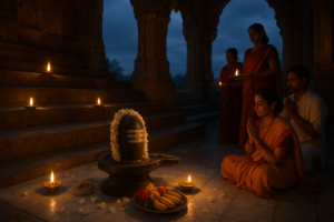 श्रावण प्रदोष व्रत के समय देवता को दीप और फूलों से पूजा जाती है, शिवलिंग पर बिल्वपत्र
