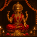 वरलक्ष्मी व्रत 2026 में देवी लक्ष्मी का सोने का मूर्ति, लाल रेशम और दीये की गर्म रोशनी में सजा हुआ