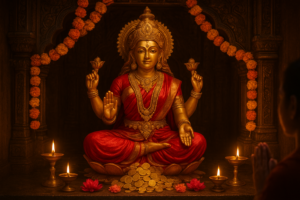 वरलक्ष्मी व्रत 2026 में देवी लक्ष्मी का सोने का मूर्ति, लाल रेशम और दीये की गर्म रोशनी में सजा हुआ