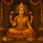 Woman performing Varamahalakshmi Vrat puja with Maa Lakshmi idol and sacred kalash