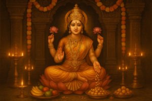 Woman performing Varamahalakshmi Vrat puja with Maa Lakshmi idol and sacred kalash