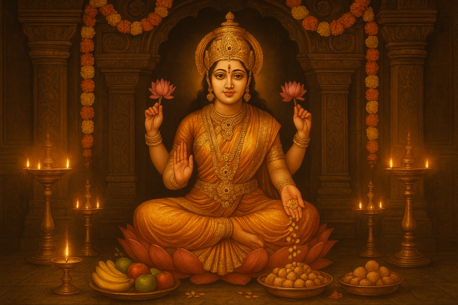 Woman performing Varamahalakshmi Vrat puja with Maa Lakshmi idol and sacred kalash