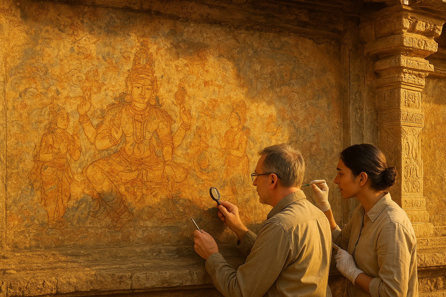 विरुपाक्ष मंदिर भित्तिचित्र को वैज्ञानिक संरक्षण के दौरान विशेषज्ञों द्वारा सावधानीपूर्वक जांचा जा रहा है