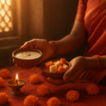 अनंत चतुर्दशी व्रत खोलते समय भक्त के हाथ में खीर, फल और जलता दीपक, सूर्योदय का सुनहरा प्रकाश
