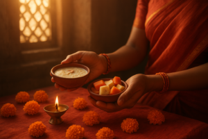 Devotee tying sacred Anant Chaturdashi vrat thread with 14 knots