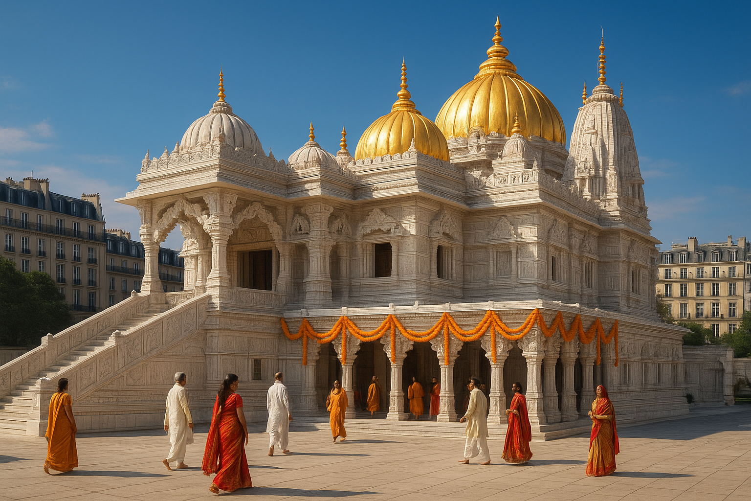 बीएपीएस मंदिर पेरिस का सफेद संगमरमर का भव्य मंदिर, सोने की गुंबदें और पारंपरिक भारतीय स्थापत्य शैली