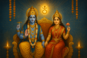 बुध ग्रह राशि परिवर्तन के समय विष्णु और लक्ष्मी का दिव्य दृश्य, चमकती दीपें, फूलों की माला