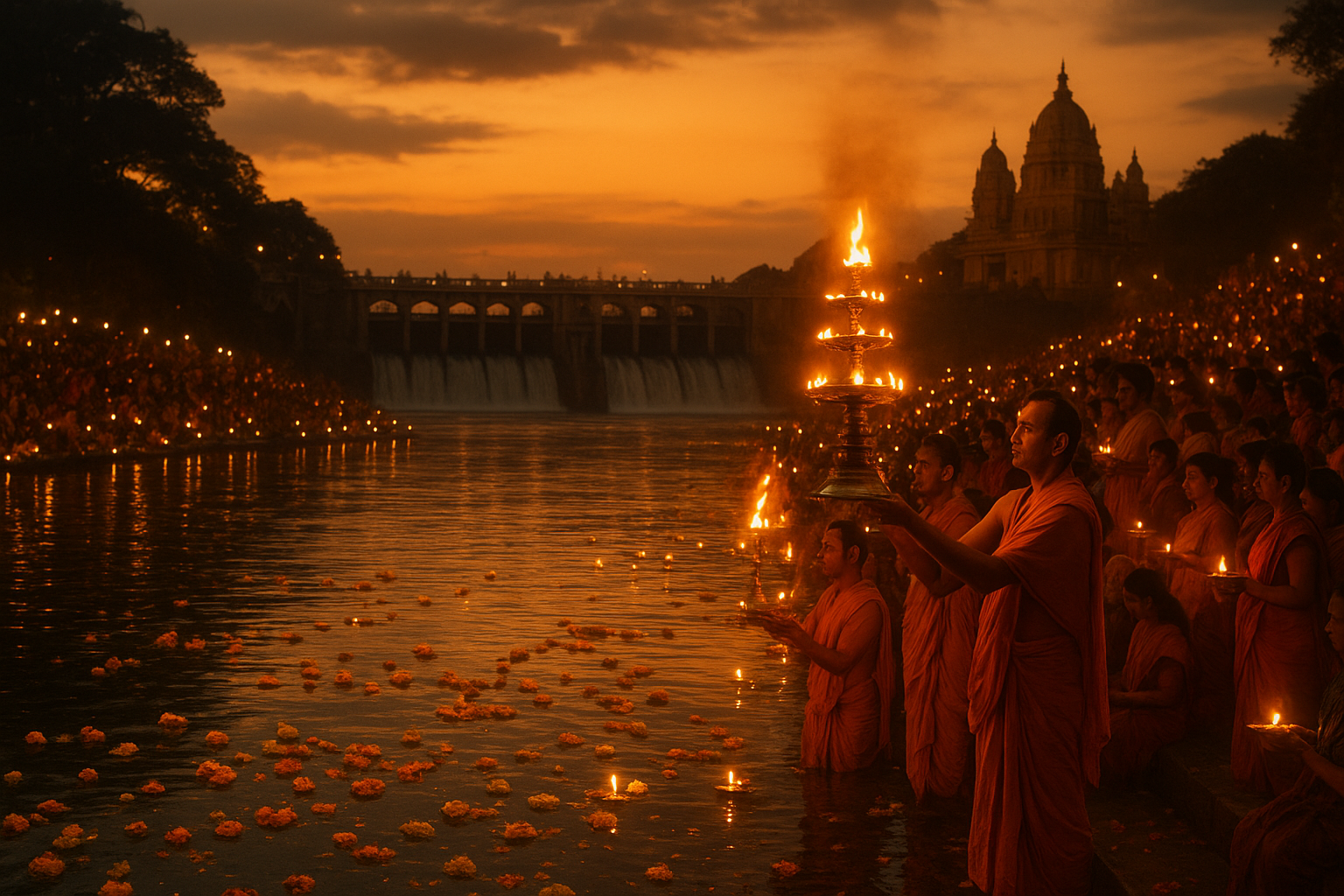 Cauvery Aarti ceremony with lit lamps at KRS Brindavan Gardens riverside