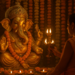 गणेश महोत्सव के दौरान सजे हुए मंदिर में भगवान गणेश की मूर्ति, फूलों की माला और जलती हुई दीये