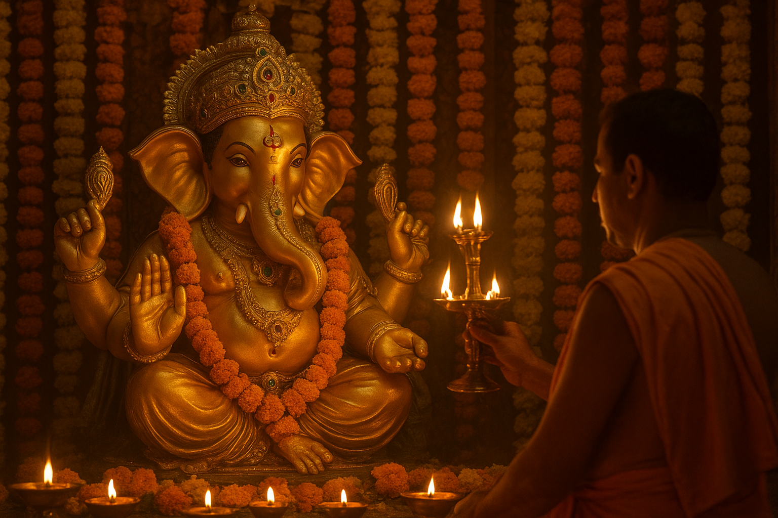 गणेश महोत्सव के दौरान सजे हुए मंदिर में भगवान गणेश की मूर्ति, फूलों की माला और जलती हुई दीये