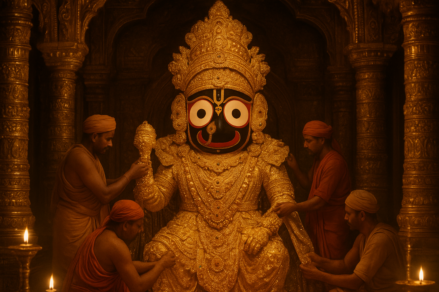 जगन्नाथ सुना बेशा में भगवान जगन्नाथ का सोने के आभूषणों से सजा हुआ दिव्य रूप पुरी मंदिर में