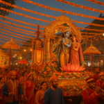 जन्माष्टमी शोभा यात्रा जम्मू में कृष्ण की मूर्ति और फूलों से सजे रथ, भक्त और संगीत के साथ