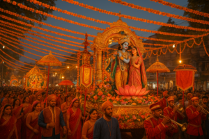 जन्माष्टमी शोभा यात्रा जम्मू में कृष्ण की मूर्ति और फूलों से सजे रथ, भक्त और संगीत के साथ