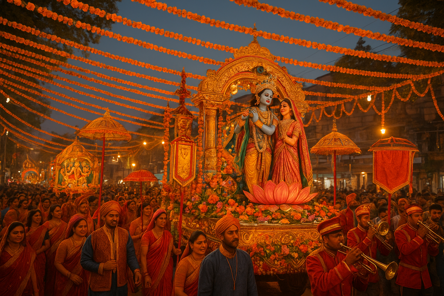जन्माष्टमी शोभा यात्रा जम्मू में कृष्ण की मूर्ति और फूलों से सजे रथ, भक्त और संगीत के साथ