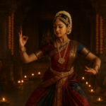 माधवी पर्व मंदिर नृत्य में देवदासी परंपरा का शास्त्रीय प्रदर्शन, सोने के आभूषण और रंगीन साड़ी सहित
