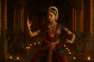 माधवी पर्व मंदिर नृत्य में देवदासी परंपरा का शास्त्रीय प्रदर्शन, सोने के आभूषण और रंगीन साड़ी सहित