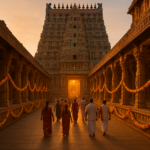 मदुरै मीनाक्षी मंदिर दर्शन के लिए सुबह के समय भक्तजनों की भीड़, फूलों की सजावट और सोने की रोशनी वाले मंदिर का दृश्य