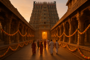 मदुरै मीनाक्षी मंदिर दर्शन के लिए सुबह के समय भक्तजनों की भीड़, फूलों की सजावट और सोने की रोशनी वाले मंदिर का दृश्य