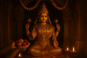 Maa Laxmi idol with offerings for the Last Friday of Mahalaxmi Vrat 2026 udyapan ceremony