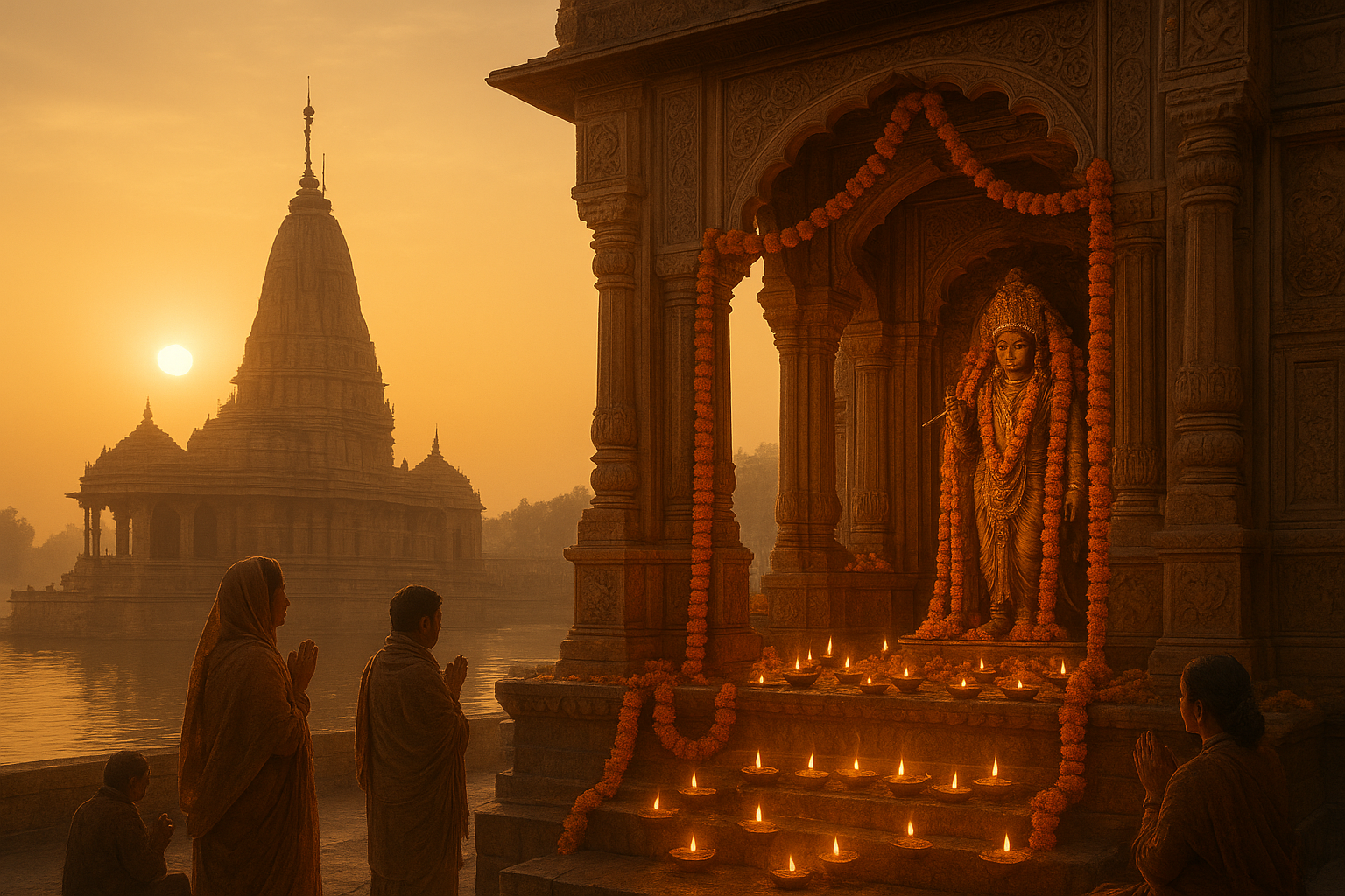 मथुरा के प्रमुख मंदिर का दृश्य, कृष्ण जन्मभूमि और द्वारकाधीश मंदिर की सुंदर संरचना, सोने की रोशनी में